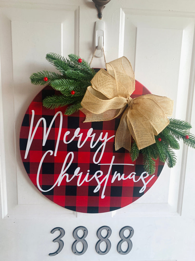 Red and black buffalo plaid Merry Christmas wooden door hanger