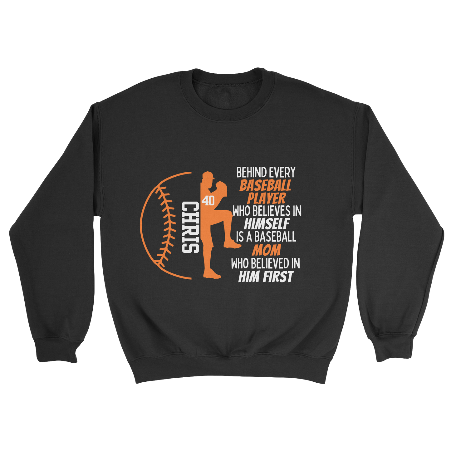 Baseball Parent Crewneck Sweatshirt in black with orange text