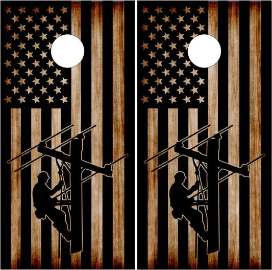 Lineman American Flag Direct Print Cornhole Board Set