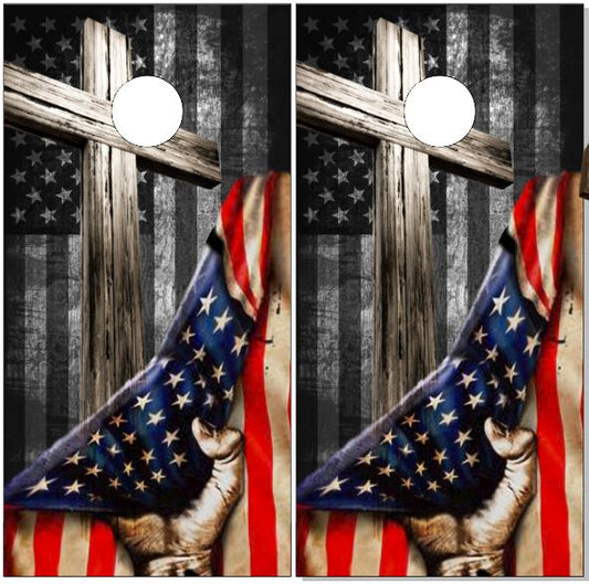 Cross and American Flag Direct Print Cornhole Board Set