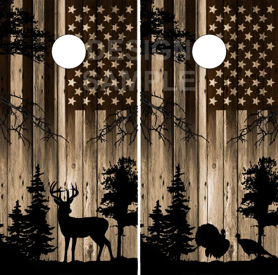 Deer buck and turkey with rustic flag background cornhole board set