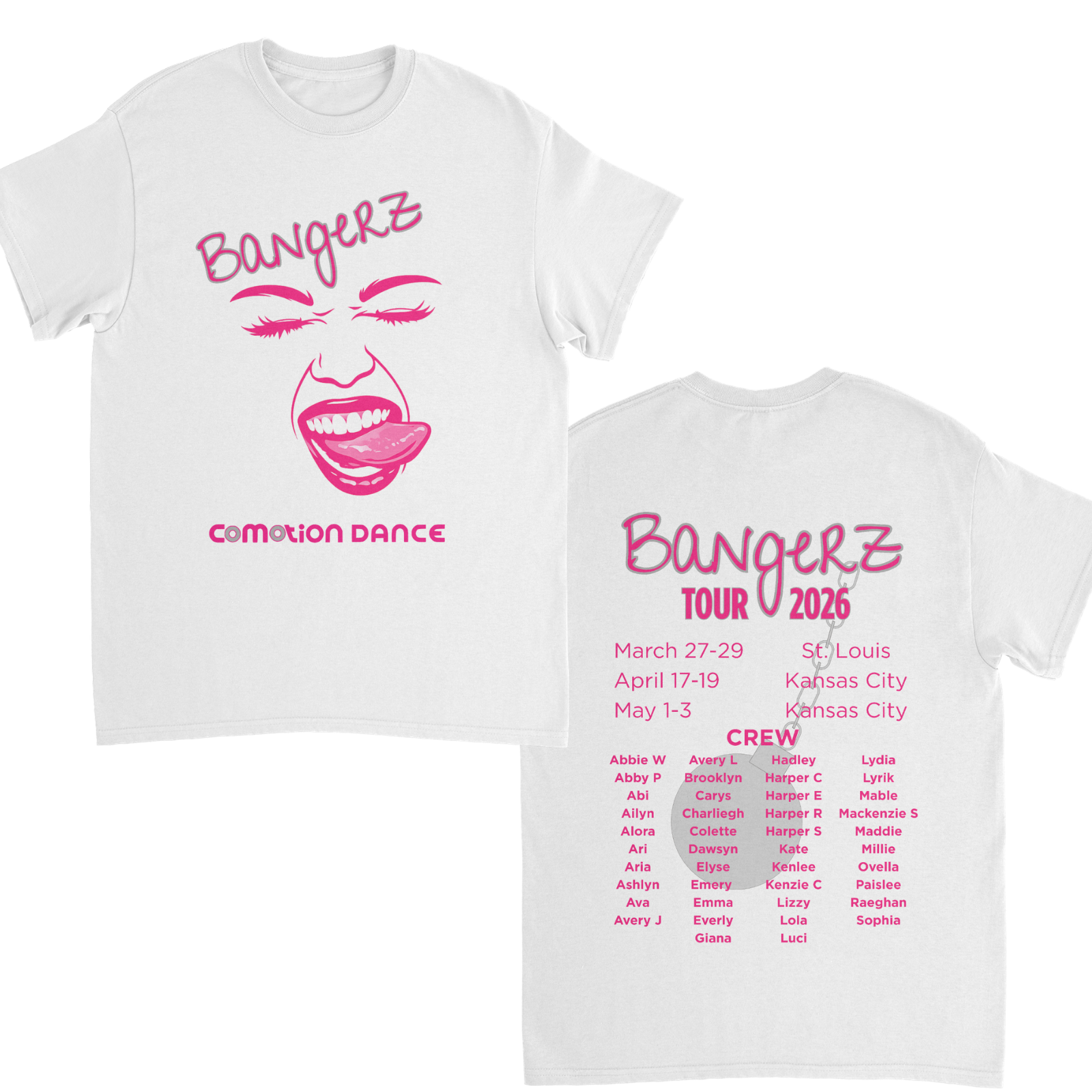 White t-shirt with pink graphics and text for 'Bangerz' tour 2026 on a white background