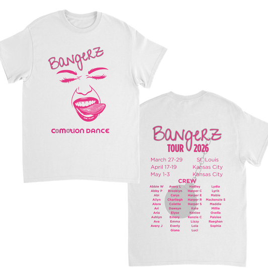 White t-shirt with pink graphics and text for 'Bangerz' tour 2026 on a white background