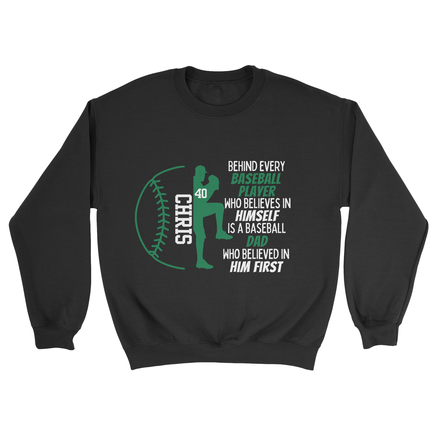 Baseball Parent Crewneck Sweatshirt in black with green text