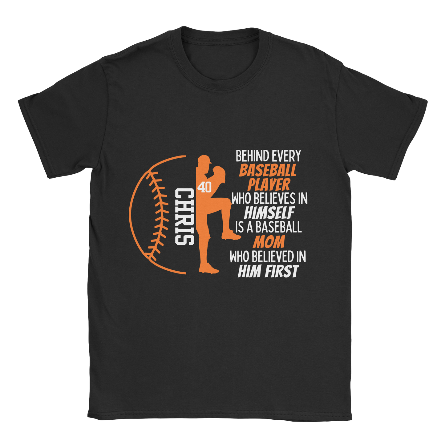 Baseball Parent T-shirt in black with orange text 