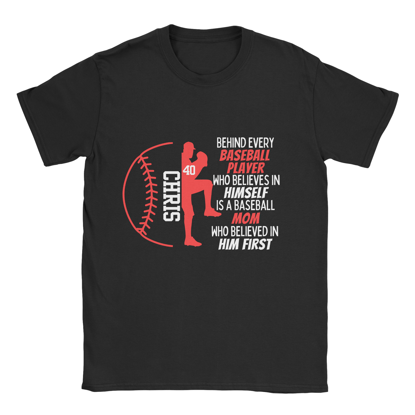 Baseball Parent T-shirt in black with red text 