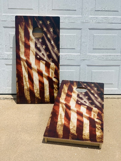 Rustic American Flag Direct Print Cornhole Board Set