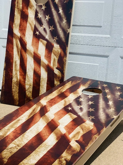 Rustic American Flag Direct Print Cornhole Board Set